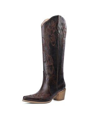 Women's Brown Knee High Cowgirl Western Boots Pointed Toe Chunky Block Heel